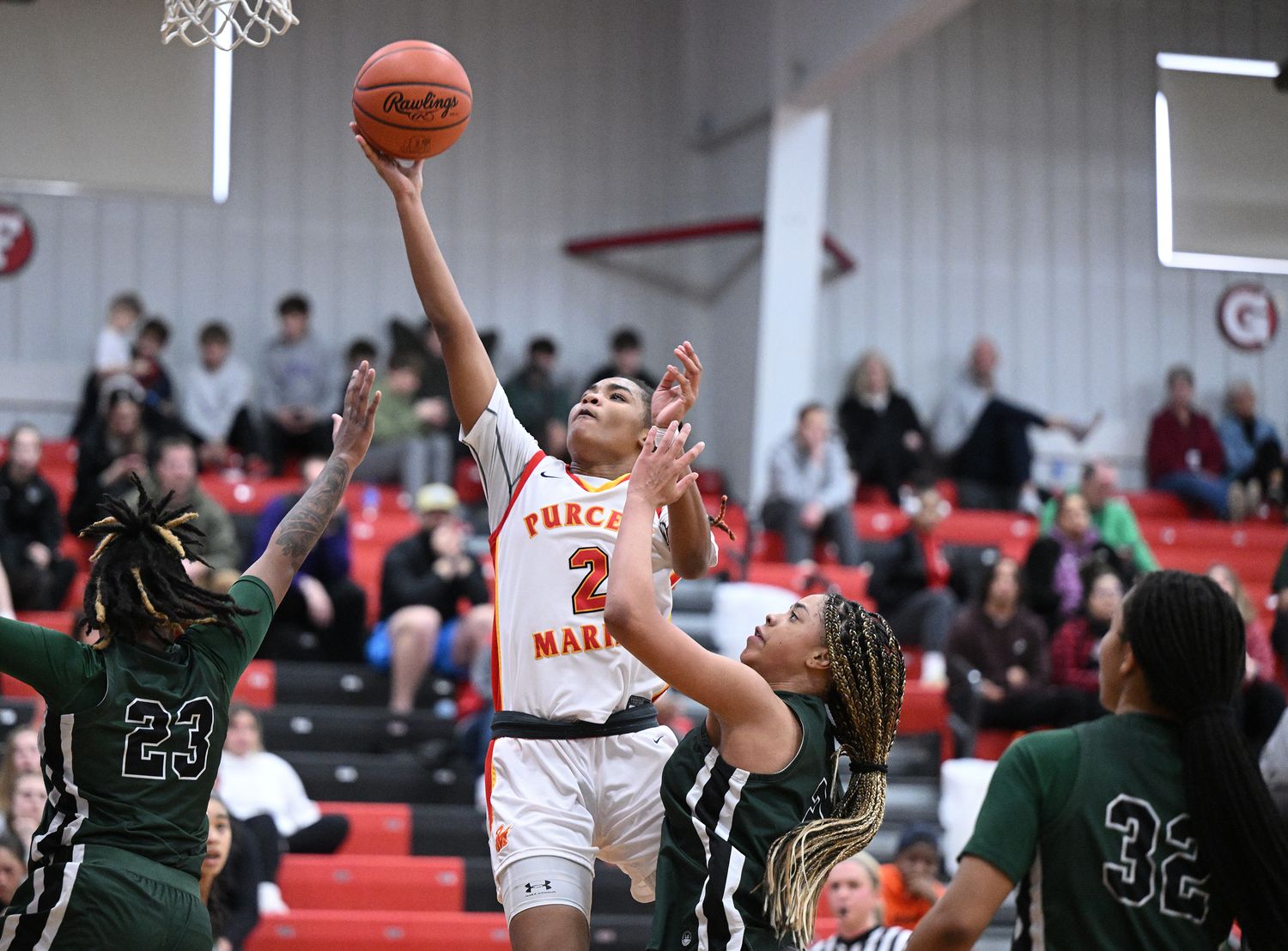 Dee Alexander of Purcell Marian goes up for a layup against Laurel in a game at Classic int he Country on January 11, 2023.